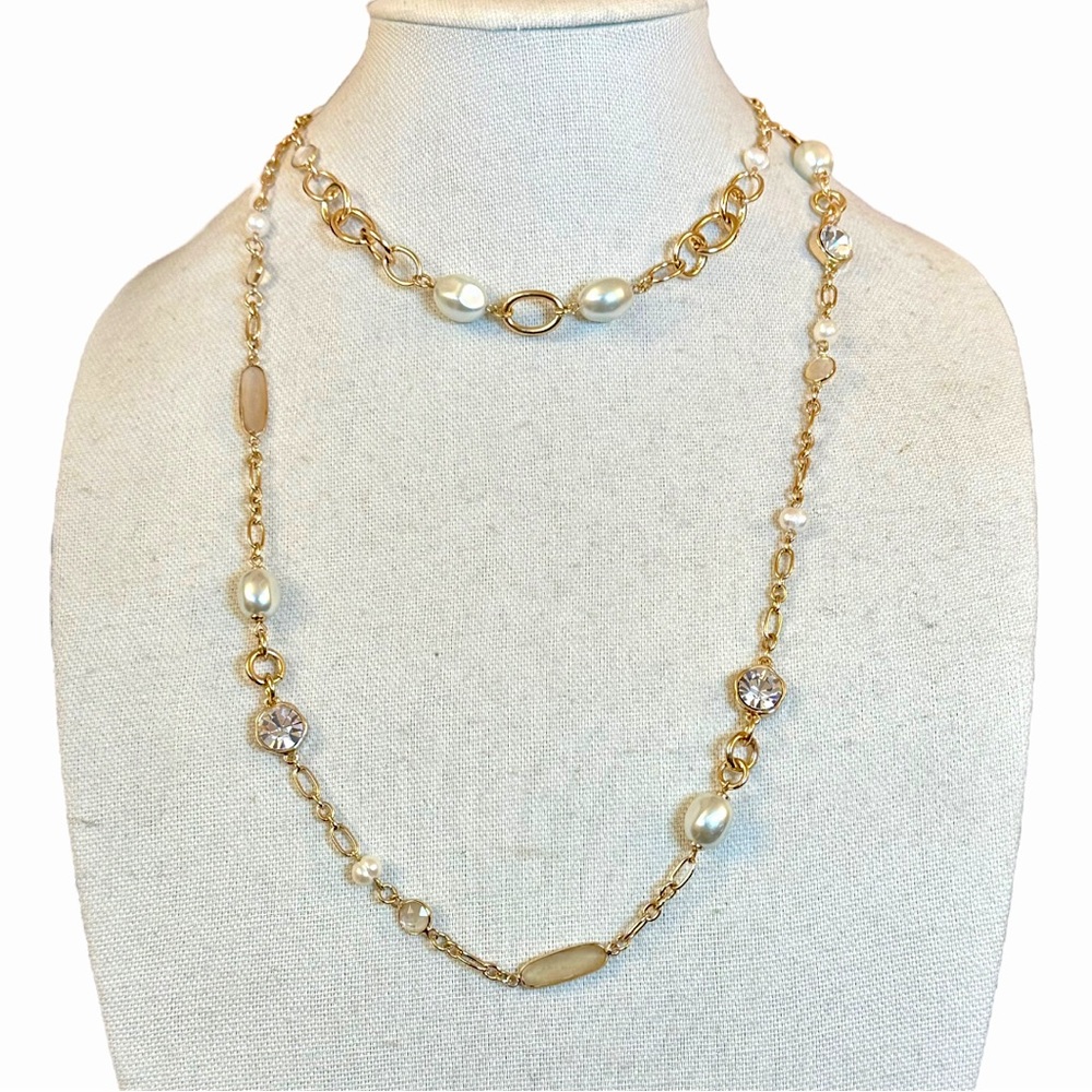 Laundry by Shelli Segal Pearl and Rhinestone Long Gold Chain Necklace - NEW